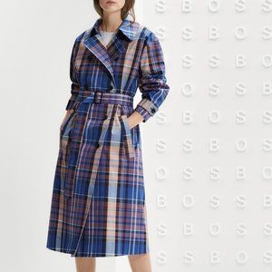 $650 HUGO BOSS Checkinada Glen Check Stretch Cotton Trench MAXI Coat 10